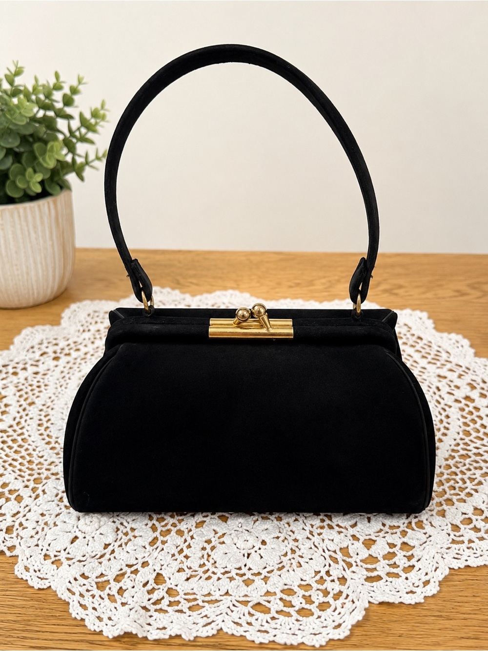 Vintage Black Satin Evening Handbag Gold Kiss-Lock Clasp Top Handle Purse